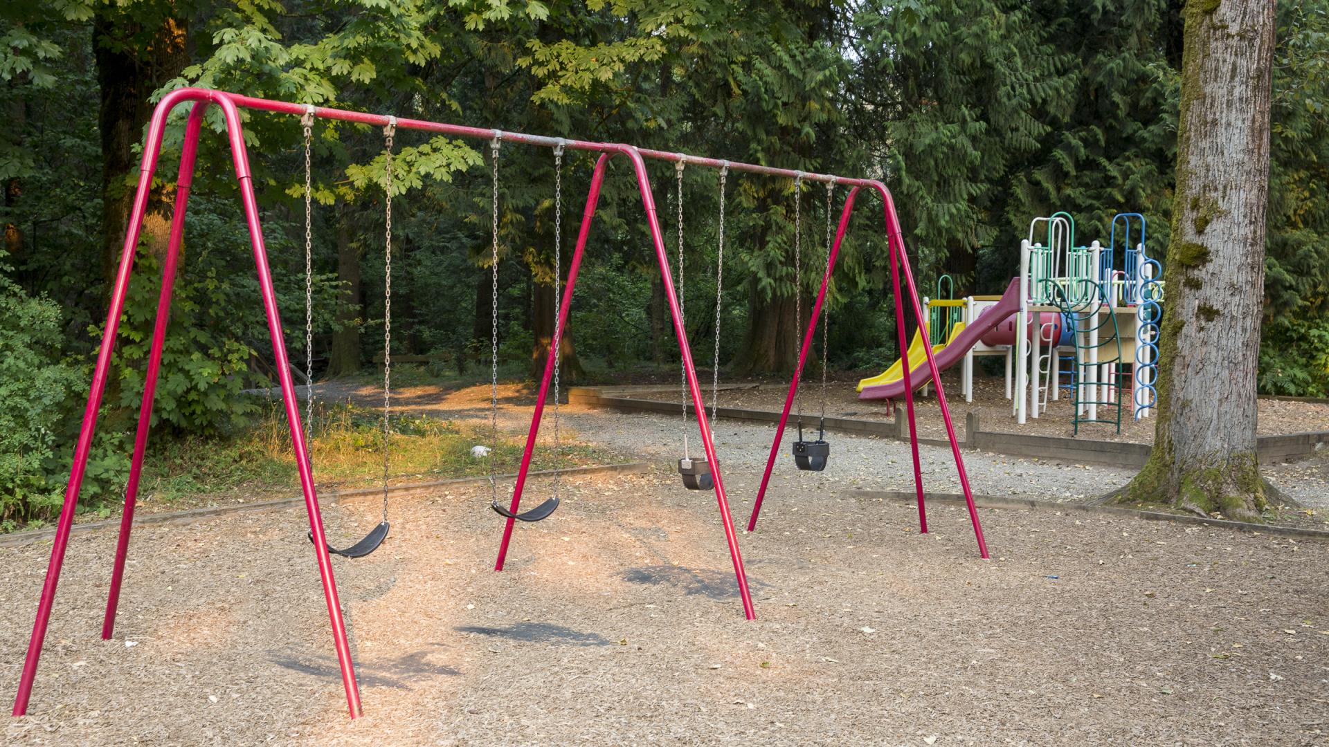 A swingset on a mulch bed. In the background, there is another mulch bed with a playground.